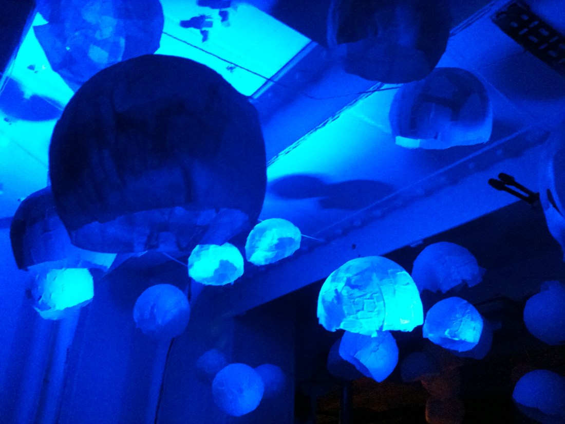 Jellyfish created by the creative community in Medway on LV21 for the fish disco organised by Moogie Wonderland. LV21 is the venue for "Hooked Up".